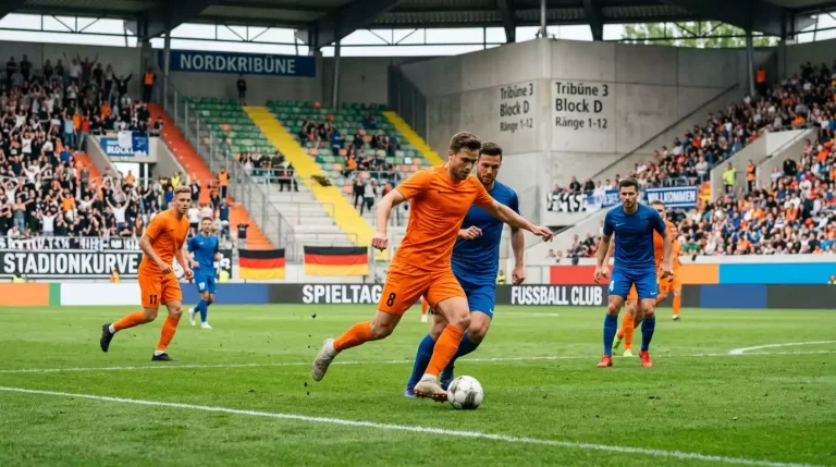 Profi-Fußballspiel in einem mittelgroßen deutschen Stadion mit zwei Mannschaften in unterschiedlichen Trikots auf dem Rasen