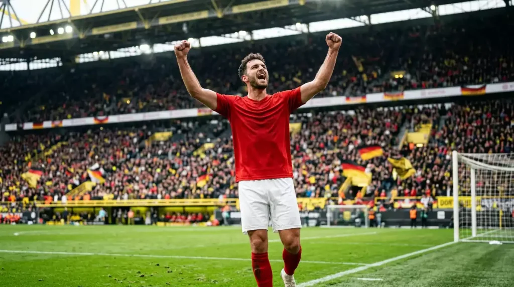 Profi-Fußballer in rotem Trikot und weißer Hose jubelt mit erhobenen Armen auf dem grünen Rasen eines Bundesliga-Stadions