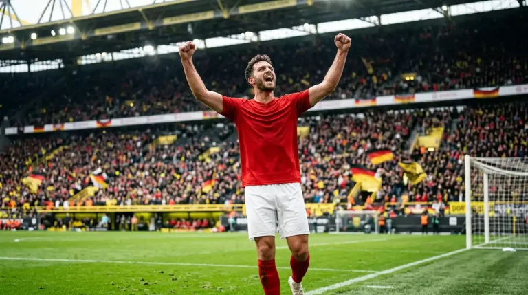 Profi-Fußballer in rotem Trikot und weißer Hose jubelt mit erhobenen Armen auf dem grünen Rasen eines Bundesliga-Stadions