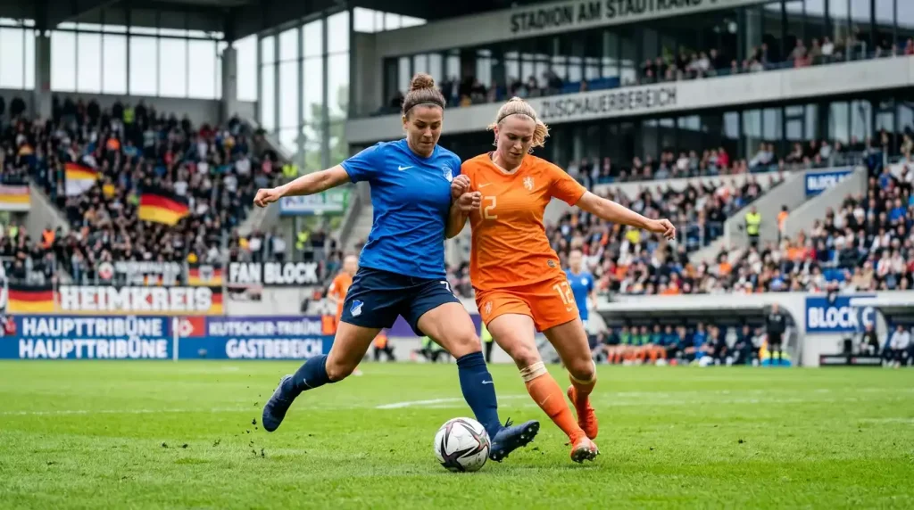 Zwei Profi-Fußballerinnen in unterschiedlichen Trikots im Zweikampf um den Ball auf dem Rasen eines Fußballstadions