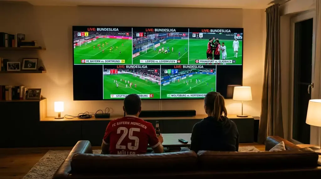 Multi-Spiel-Übersicht der Bundesliga-Samstagskonferenz mit parallelen Live-Quoten und Tor-Verteilung