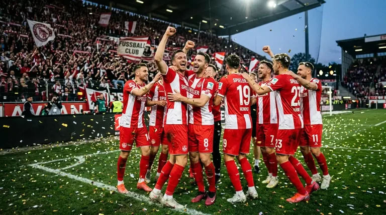 Bundesliga-Mannschaft feiert in Vereinstrikots auf dem Spielfeld mit Konfettiregen