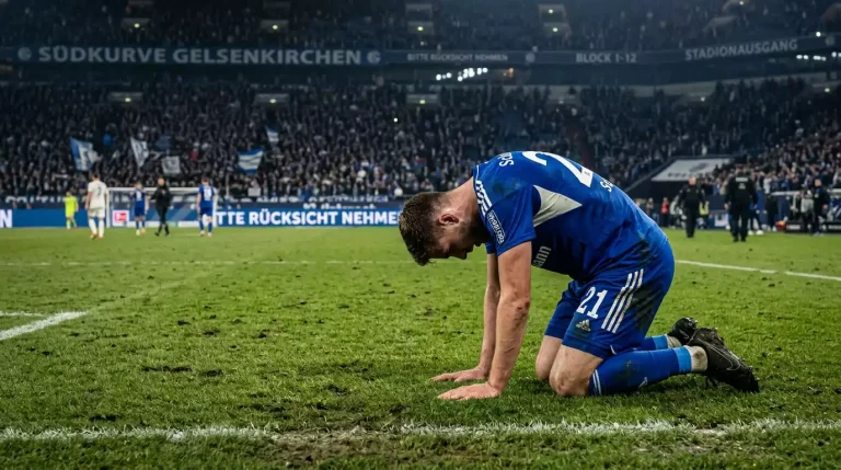Bundesliga-Spieler kniet nach dem Abpfiff niedergeschlagen auf dem Rasen