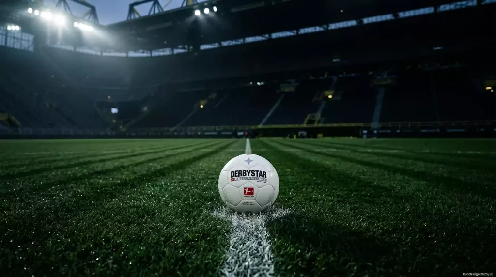 Offizieller Bundesliga-Spielball auf dem Anstoßpunkt im Flutlicht — Quoten, Marge und Value-Bet-Analyse 2025/26