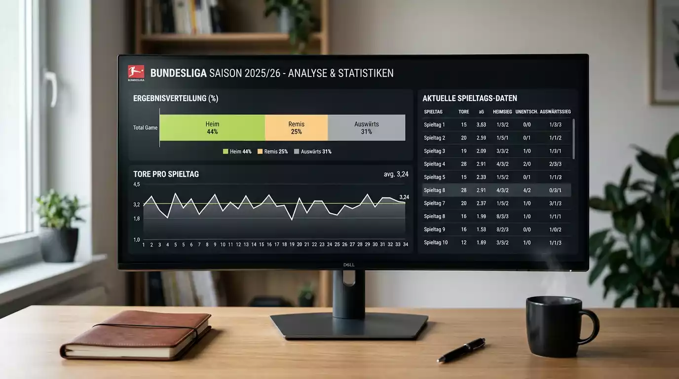 Statistische Übersicht der Bundesliga-Saison 2025/26 mit Tordurchschnitt, Heim- und Auswärtsbilanz