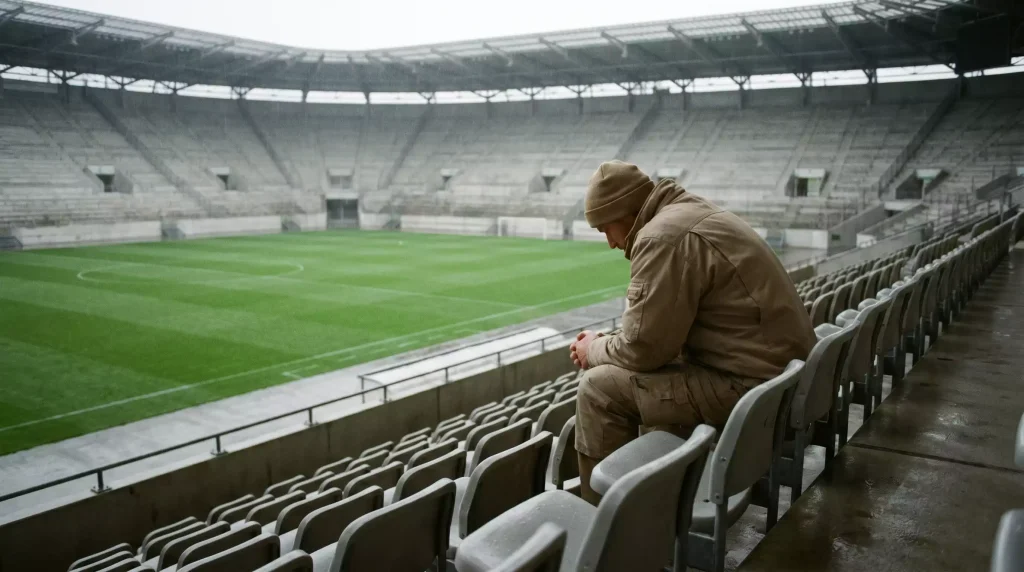 Eine Person sitzt allein in einer leeren Sitzreihe eines deutschen Fußballstadions und blickt nachdenklich auf den Rasen