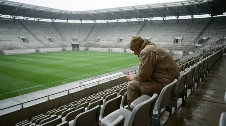 Eine Person sitzt allein in einer leeren Sitzreihe eines deutschen Fußballstadions und blickt nachdenklich auf den Rasen