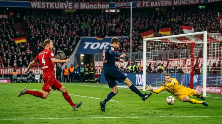 Bundesliga-Stürmer setzt im Strafraum zum Schuss aufs Tor an, Torwart in Abwehrhaltung