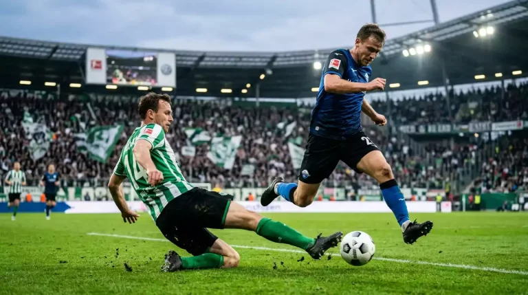 Dynamische Bundesliga-Spielszene mit Grätsch-Tackle zwischen zwei Spielern auf dem Rasen