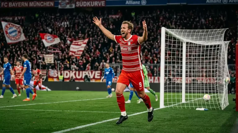 Bundesliga-Stürmer jubelt nach Torerfolg im Stadion bei Flutlicht vor gefüllter Tribüne