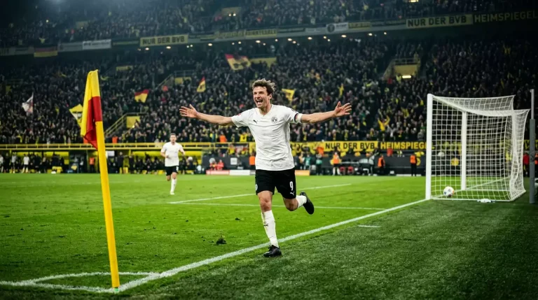 Bundesliga-Torjäger läuft mit erhobenen Armen nach Torerfolg zur Eckfahne