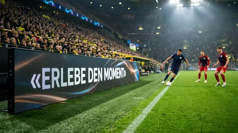 Tribüne eines deutschen Fußballstadions mit beleuchteten LED-Bandenwerbeflächen am Spielfeldrand während eines Bundesliga-Abendspiels
