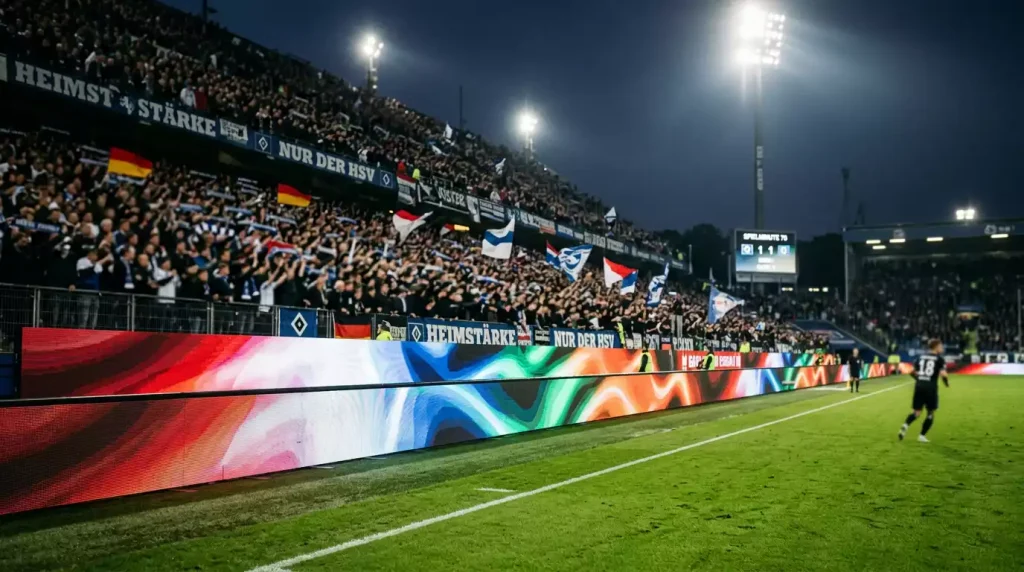 Beleuchtete LED-Bandenwerbung am Spielfeldrand eines Bundesliga-Stadions mit Profi-Fußballern auf dem grünen Rasen im Hintergrund