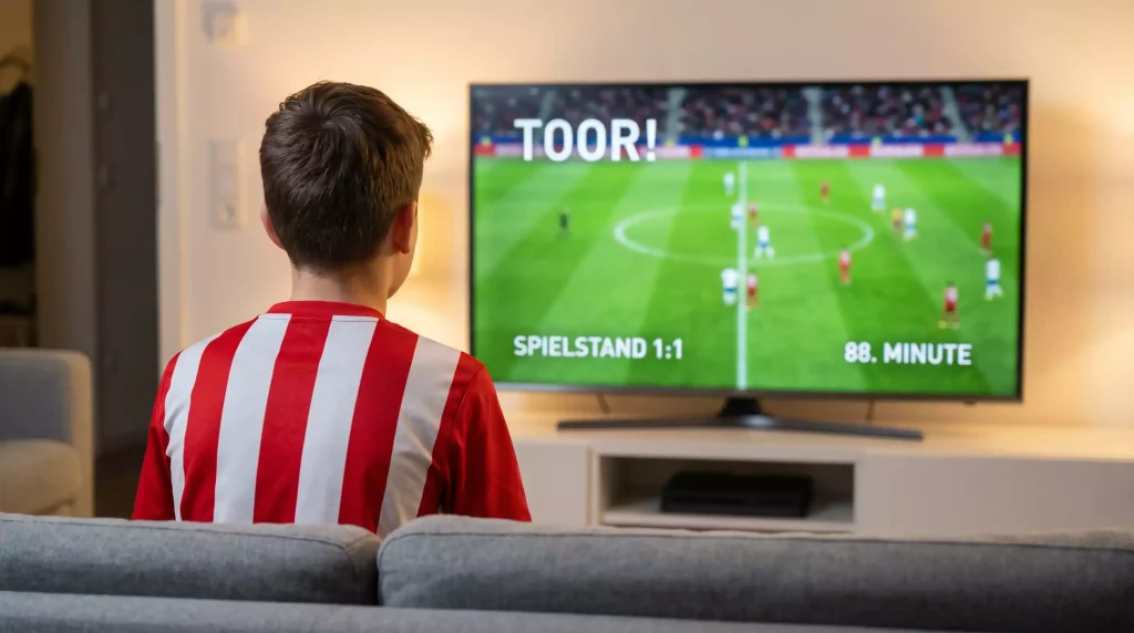 Junger Fan in einem schlichten Fußballtrikot sitzt auf einem Sofa und schaut ein Bundesliga-Spiel auf dem Fernseher