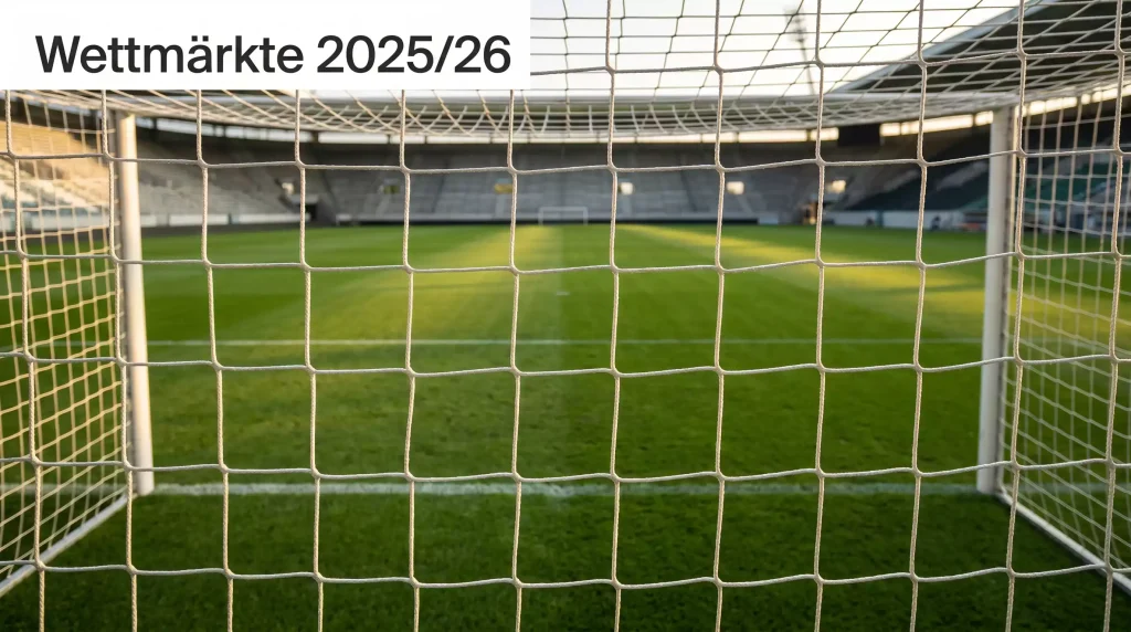 Bundesliga-Tor mit weißem Netz und Strafraum aus Spielerperspektive — 1X2, Doppelte Chance, Über/Unter und Handicap im Überblick