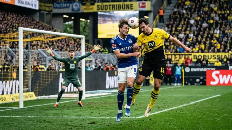 Zwei Bundesliga-Spieler in unterschiedlichen Trikots im Kopfball-Duell vor dem Tor im Strafraum